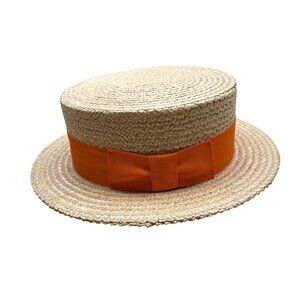 Vtg 30s 40s Ponte Rialto Italian Straw Boater Hat Orange Ribbon Band Sz 7 56